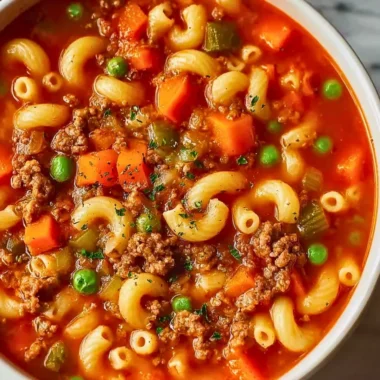 Hearty Italian Ground Beef Pasta Soup with vegetables and pasta