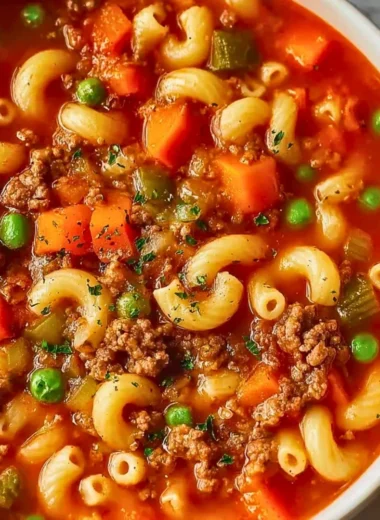 Hearty Italian Ground Beef Pasta Soup with vegetables and pasta