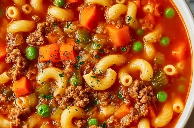 Hearty Italian Ground Beef Pasta Soup with vegetables and pasta