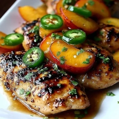 Delicious jalapeño peach chicken dish garnished with fresh herbs