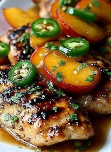 Delicious jalapeño peach chicken dish garnished with fresh herbs