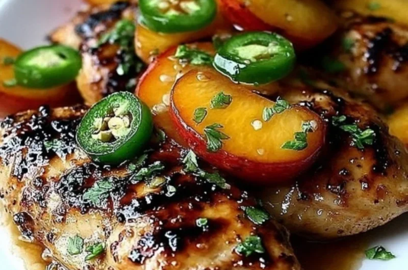 Delicious jalapeño peach chicken dish garnished with fresh herbs