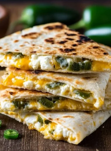 Jalapeno popper quesadillas with melted cheese and jalapenos on a plate
