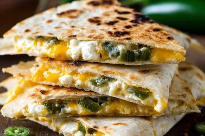 Jalapeno popper quesadillas with melted cheese and jalapenos on a plate