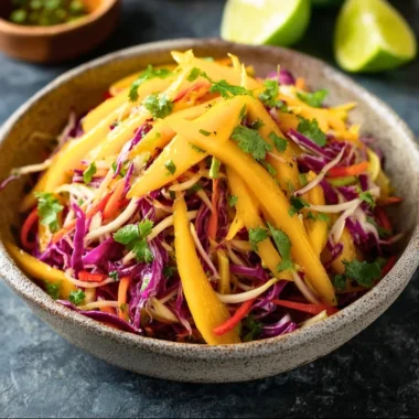 Colorful mango slaw with fresh ingredients served in a bowl