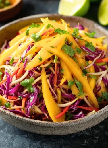 Colorful mango slaw with fresh ingredients served in a bowl