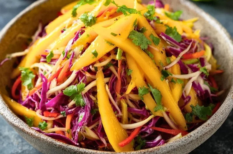 Colorful mango slaw with fresh ingredients served in a bowl