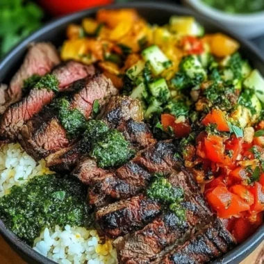 Mediterranean steak bowl topped with fresh vegetables and herbs