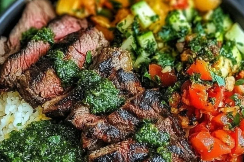 Mediterranean steak bowl topped with fresh vegetables and herbs