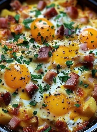 Mountain Man Crock Pot Breakfast recipe in a slow cooker with ingredients.