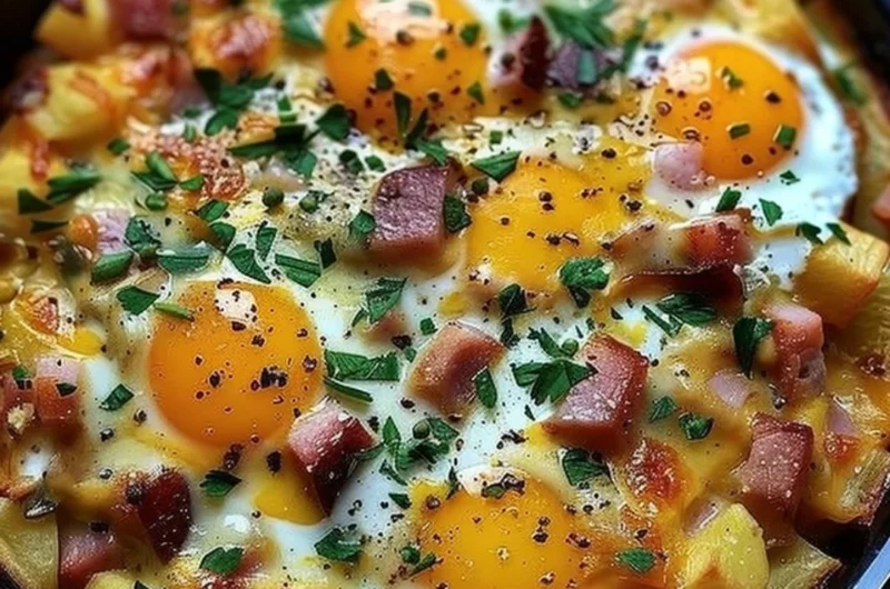 Mountain Man Crock Pot Breakfast recipe in a slow cooker with ingredients.