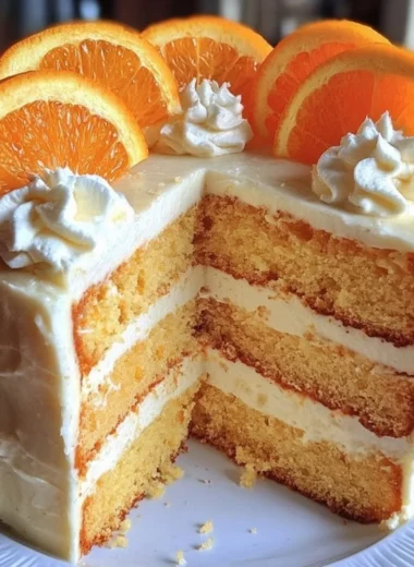 Delicious Orange Creamsicle Cake topped with orange frosting and sprinkles.