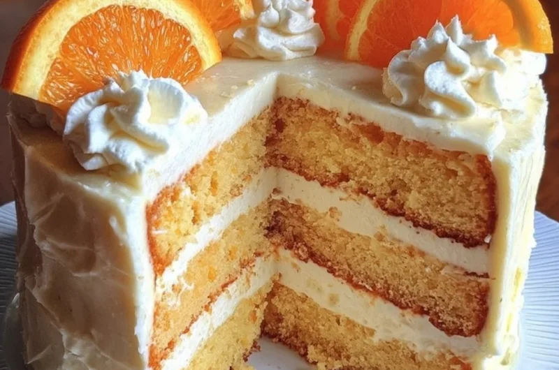 Delicious Orange Creamsicle Cake topped with orange frosting and sprinkles.