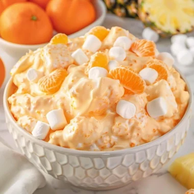 Delicious Orange Fluff Salad served in a bowl, featuring fluffy orange goodness.