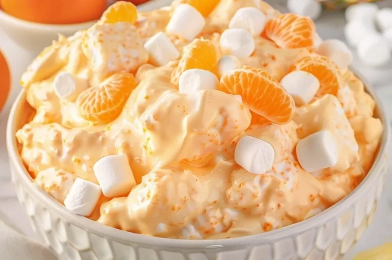 Delicious Orange Fluff Salad served in a bowl, featuring fluffy orange goodness.