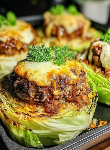 Oven-baked cabbage burgers served on a plate with fresh vegetables