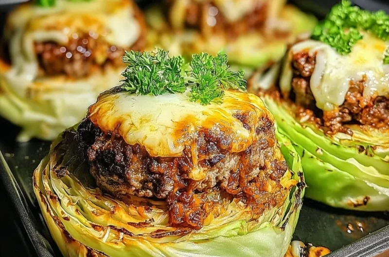 Oven-baked cabbage burgers served on a plate with fresh vegetables