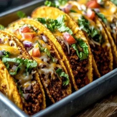 Oven-baked cheesy tacos stacked and garnished, crispy and loaded with toppings.