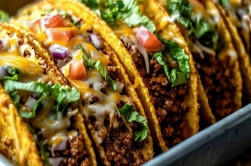 Oven-baked cheesy tacos stacked and garnished, crispy and loaded with toppings.