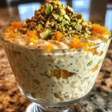 Pistachio Orange Blossom Overnight Oats in a jar with nuts and fruit toppings