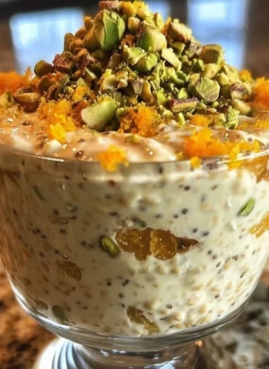 Pistachio Orange Blossom Overnight Oats in a jar with nuts and fruit toppings