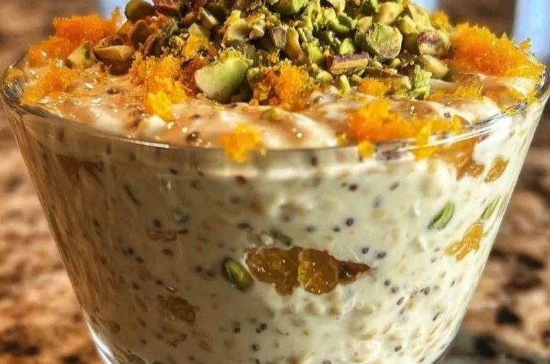 Pistachio Orange Blossom Overnight Oats in a jar with nuts and fruit toppings