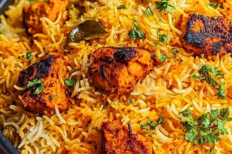Delicious Butter Chicken Biryani served in a vibrant bowl