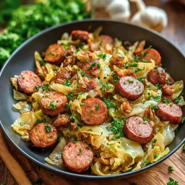 Sausage and Cabbage stir fry garnished with fresh herbs on a plate.
