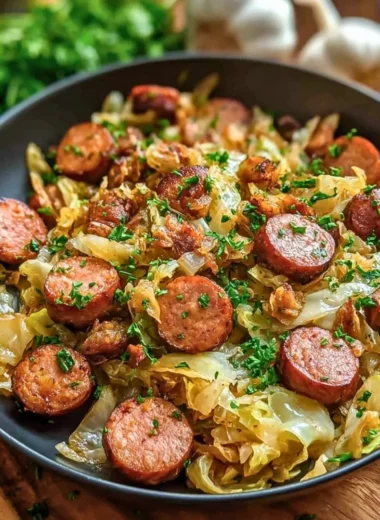 Sausage and Cabbage stir fry garnished with fresh herbs on a plate.