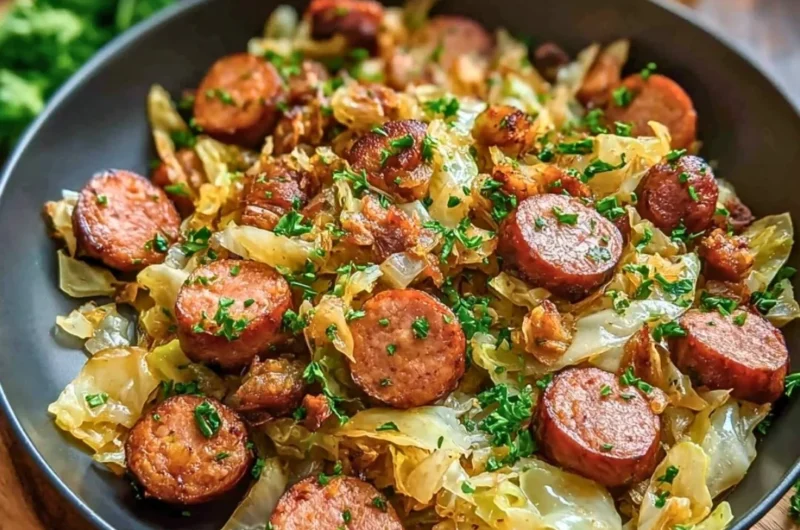 Sausage and Cabbage stir fry garnished with fresh herbs on a plate.