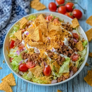 A colorful bowl of simple Doritos taco salad with fresh ingredients and crushed Doritos