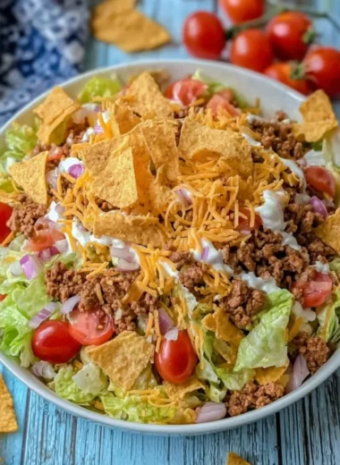 A colorful bowl of simple Doritos taco salad with fresh ingredients and crushed Doritos