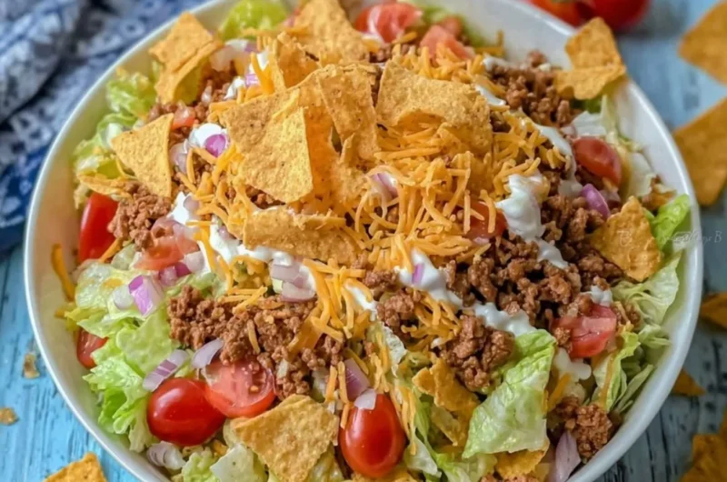 A colorful bowl of simple Doritos taco salad with fresh ingredients and crushed Doritos
