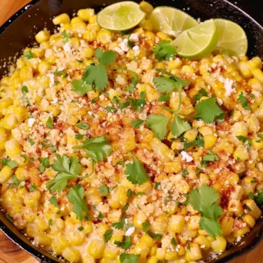 Skillet Mexican Street Corn dish topped with cheese and herbs