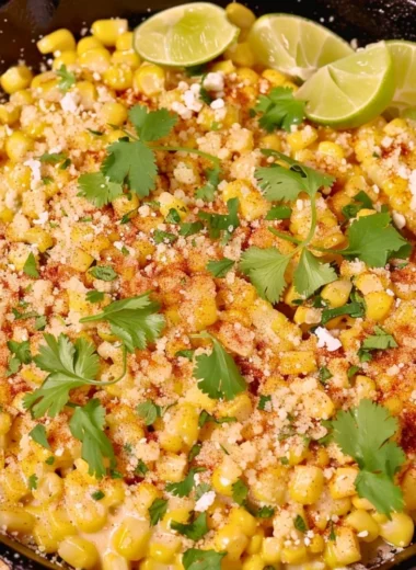 Skillet Mexican Street Corn dish topped with cheese and herbs