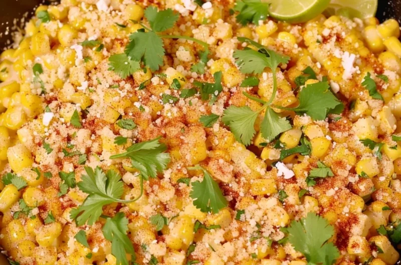 Skillet Mexican Street Corn dish topped with cheese and herbs
