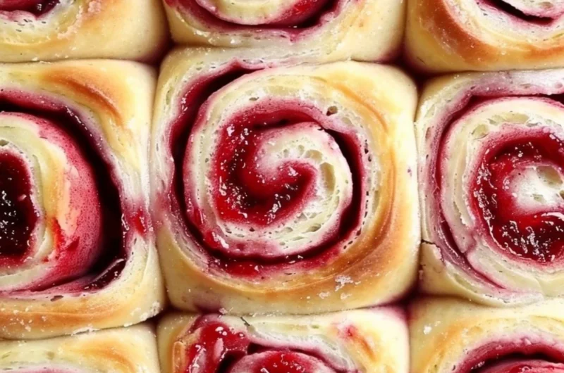 Freshly baked sourdough raspberry lemon rolls ready to enjoy.