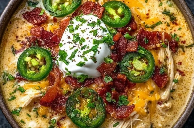 Bowl of spicy jalapeno popper chicken soup garnished with jalapenos and cilantro.