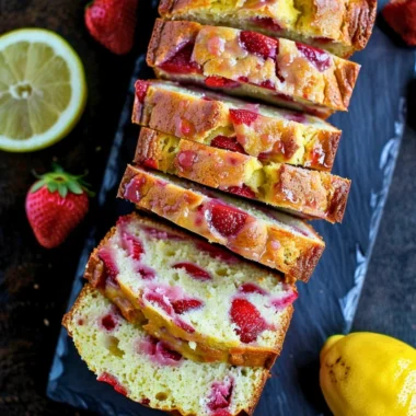 Slice of strawberry lemonade quick bread on a plate with fresh strawberries
