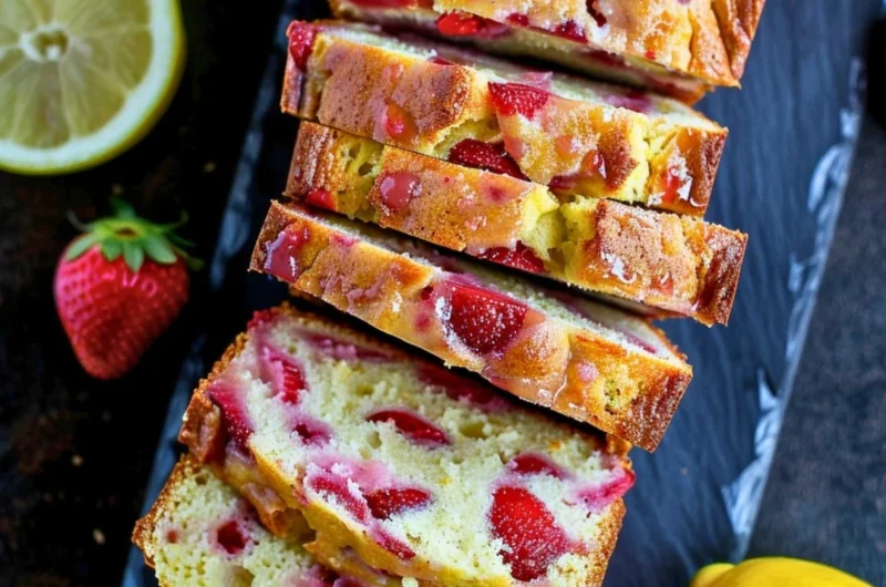 Slice of strawberry lemonade quick bread on a plate with fresh strawberries