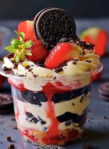 Strawberry Oreo Cup dessert with strawberries and Oreo cookies