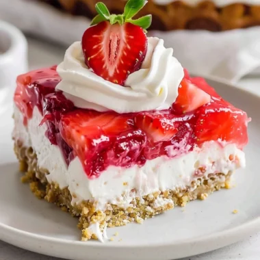 Delicious Strawberry Pretzel Salad with creamy filling and crunchy pretzel crust