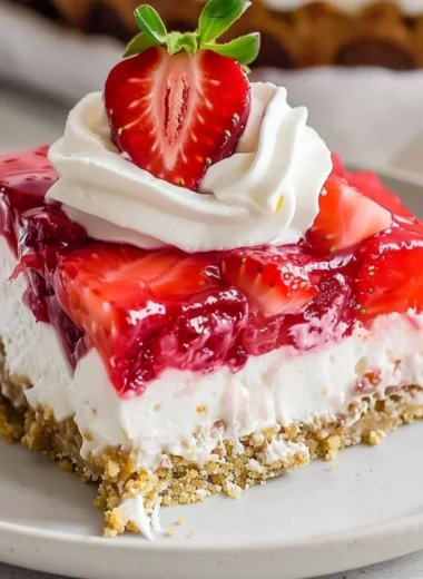 Delicious Strawberry Pretzel Salad with creamy filling and crunchy pretzel crust