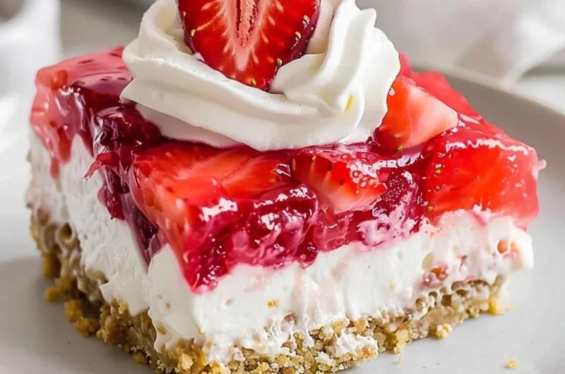Delicious Strawberry Pretzel Salad with creamy filling and crunchy pretzel crust
