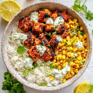 Delicious Street Corn Chicken Rice Bowl garnished with fresh ingredients