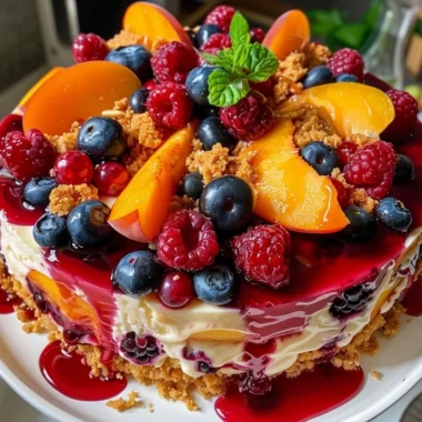 Delicious summer berry and peach cheesecake topped with fresh fruits