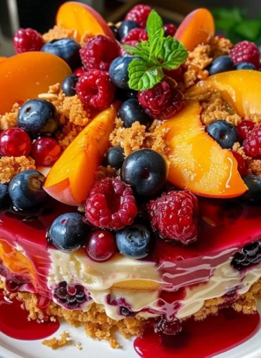Delicious summer berry and peach cheesecake topped with fresh fruits