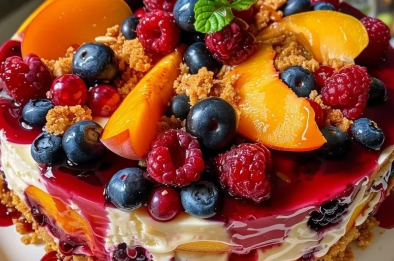Delicious summer berry and peach cheesecake topped with fresh fruits