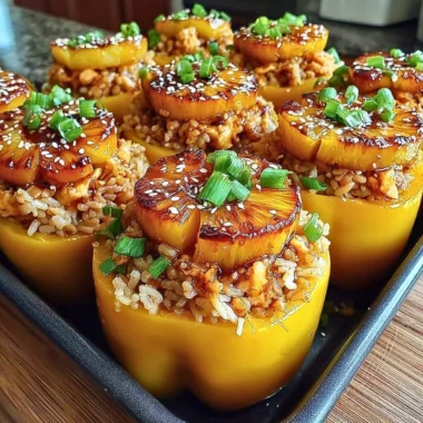 Teriyaki Pineapple Chicken and Rice Stuffed Peppers dish on a plate