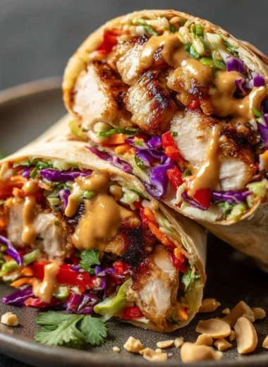 Thai Chicken Wrap with Crunchy Asian Slaw served on a plate